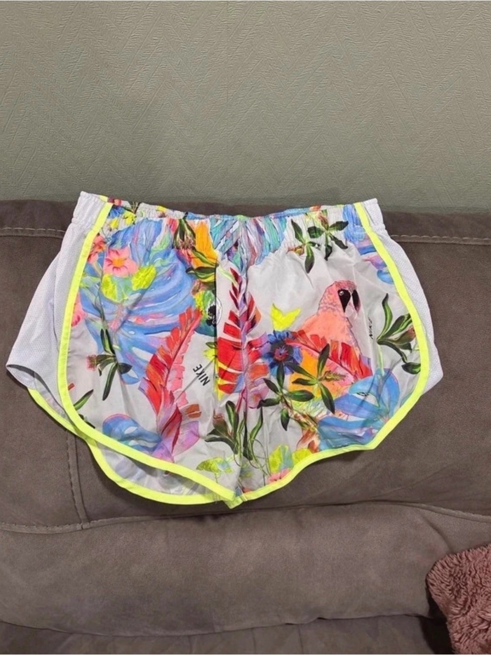 Nike Women’s Tropical Parrot Print Athletic Shorts with Neon Yellow Trim
